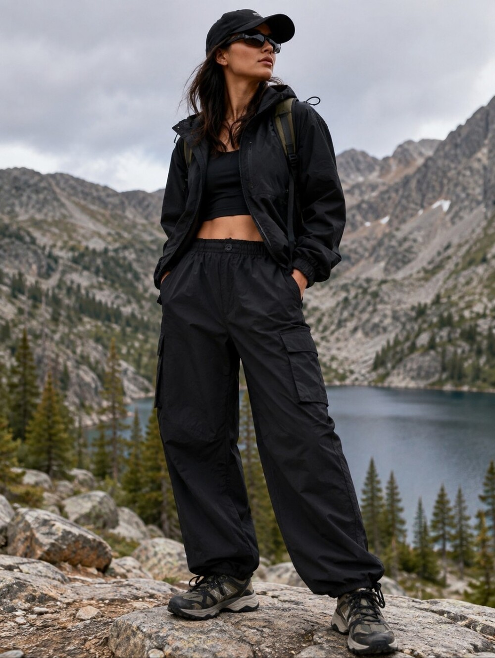 Zoe + Phoebe Black Cargo Parachute Pants Women’s L Wide Leg Adjustable Hem